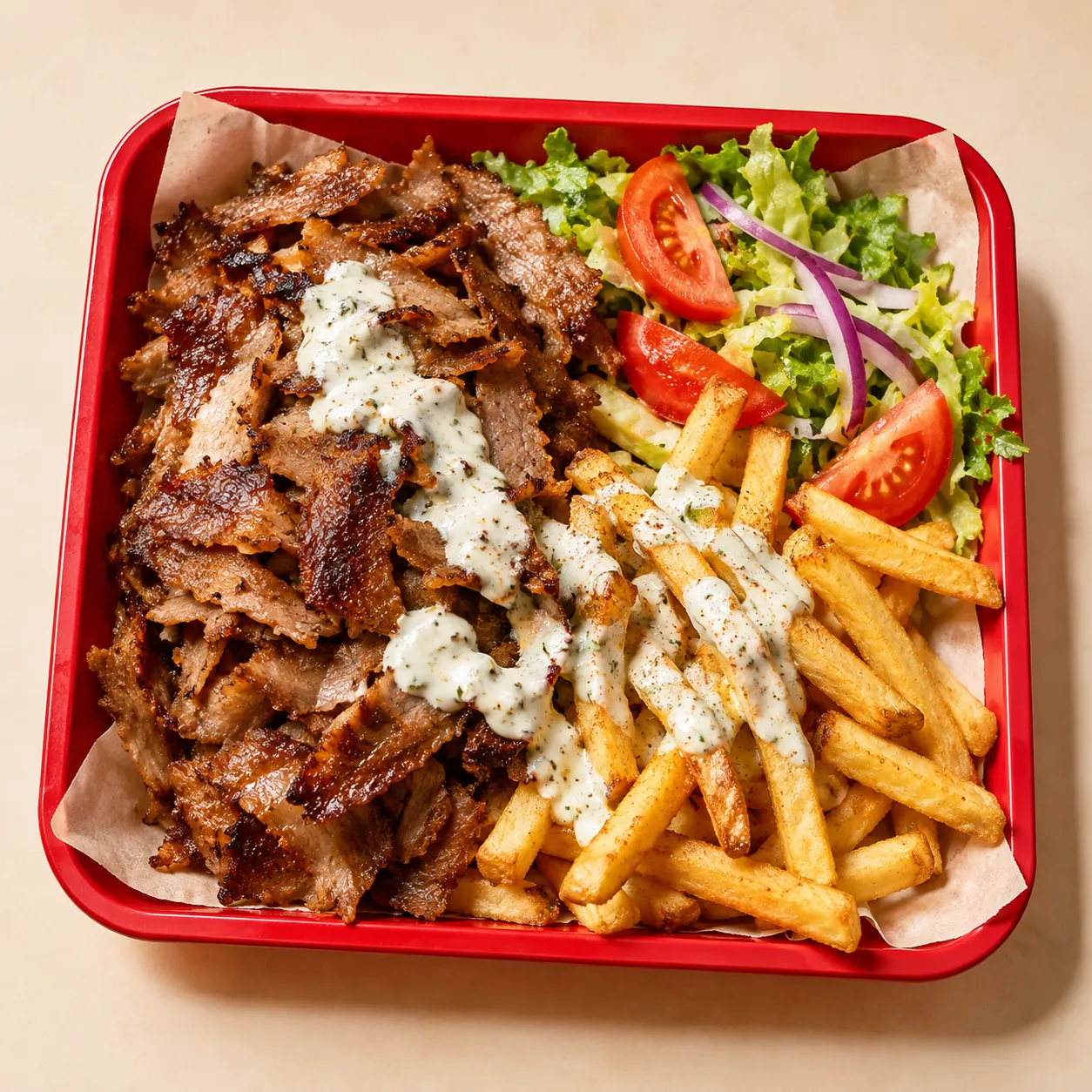 Kebab box s hranolkami, masem, omáčkou a zeleninou